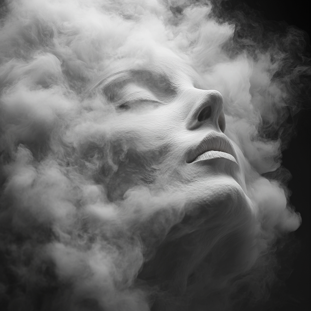 Face shape formed by blowing smoke away, surreal style.