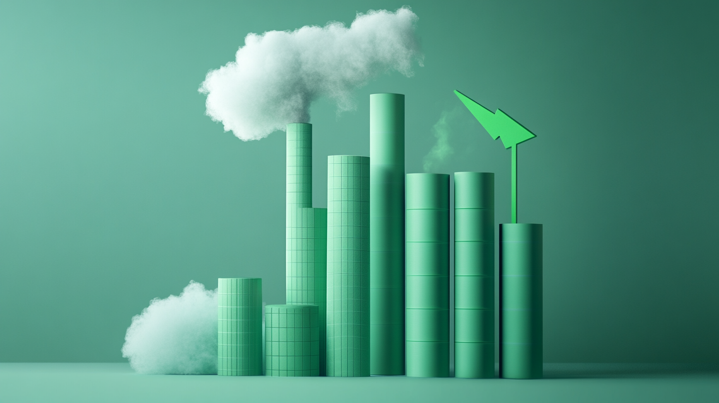 Factory Bar Chart: Green Cylinders, White Smoke Clouds