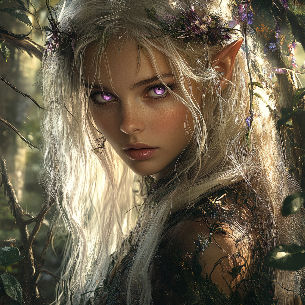 Fae woman in noble clothing in dangerous forest.