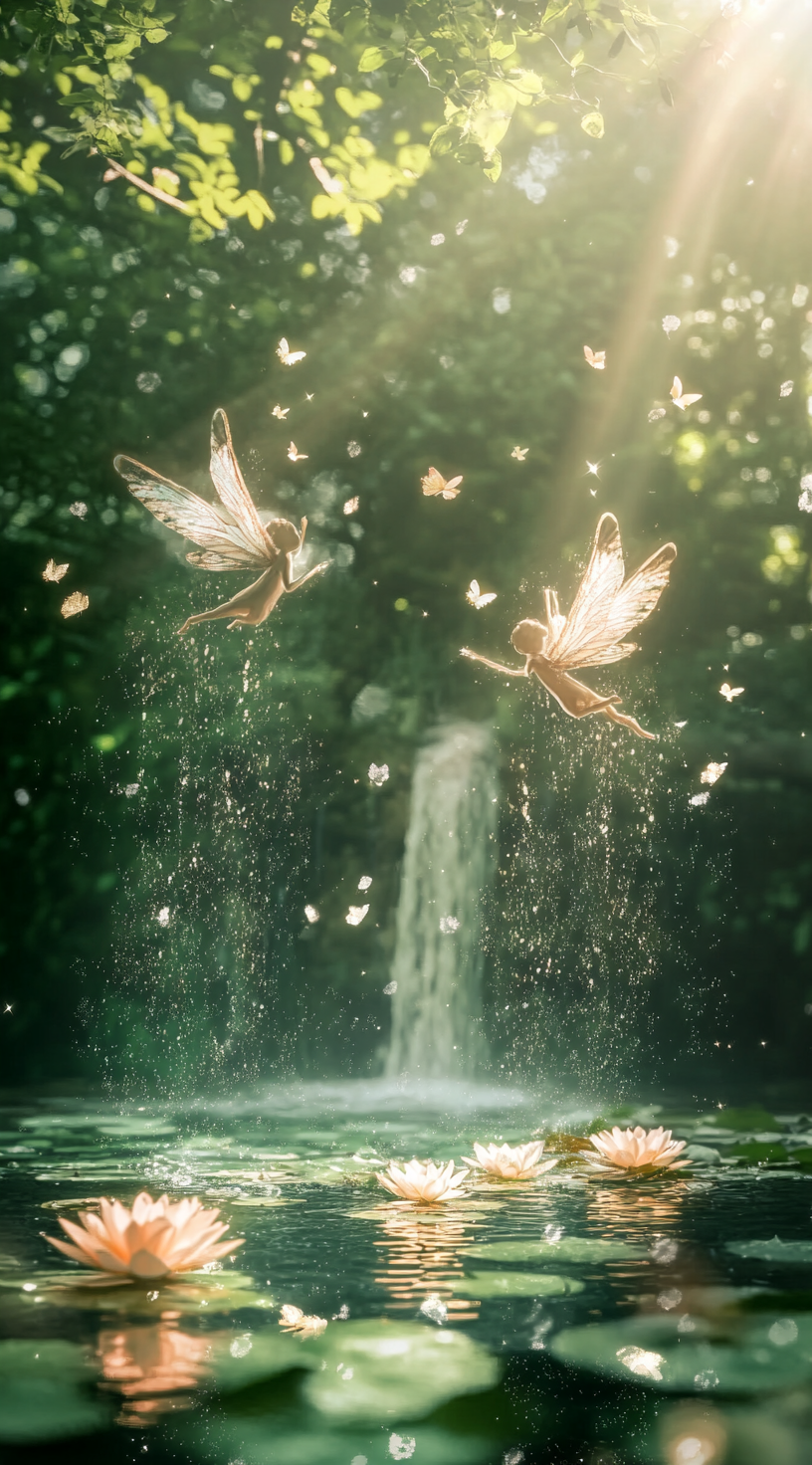 Fairies fly over waterfall in magical forest