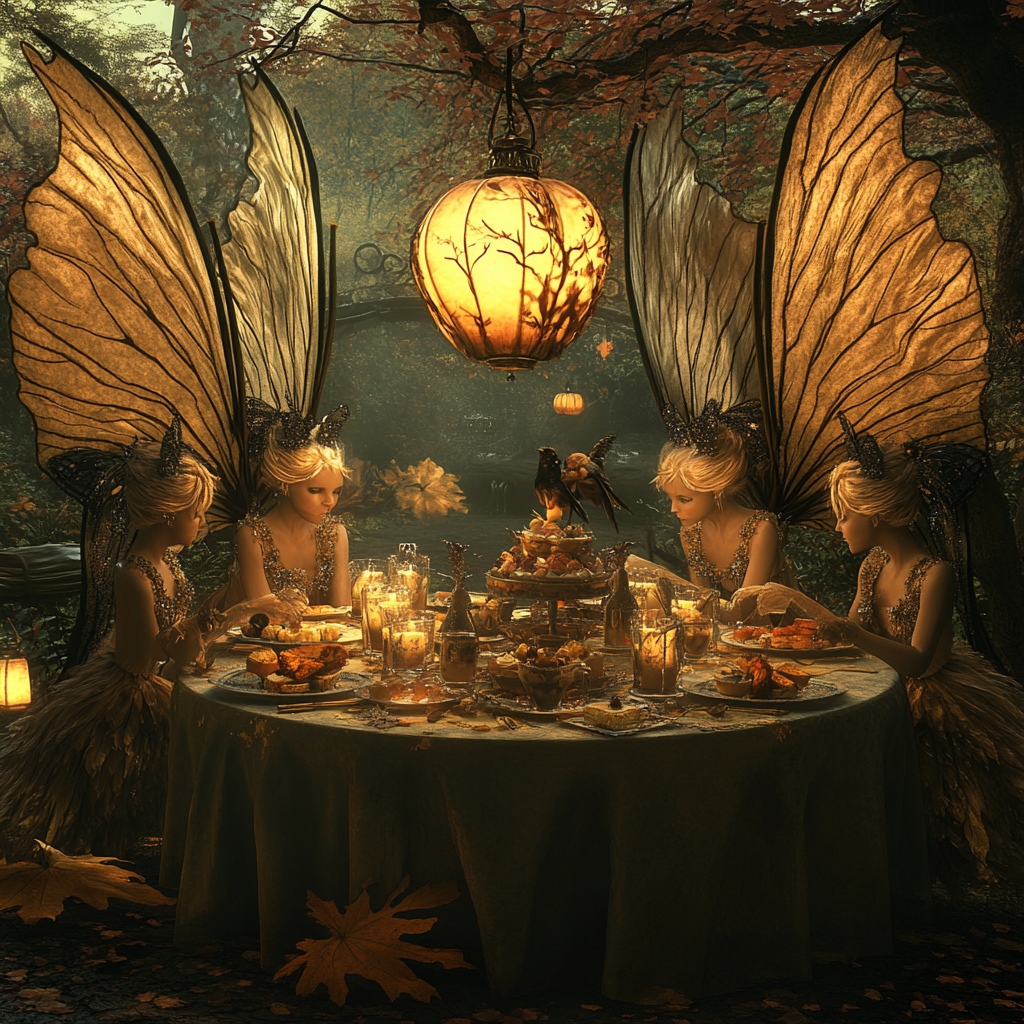 Fairies with large wings at outdoor Halloween tea table.