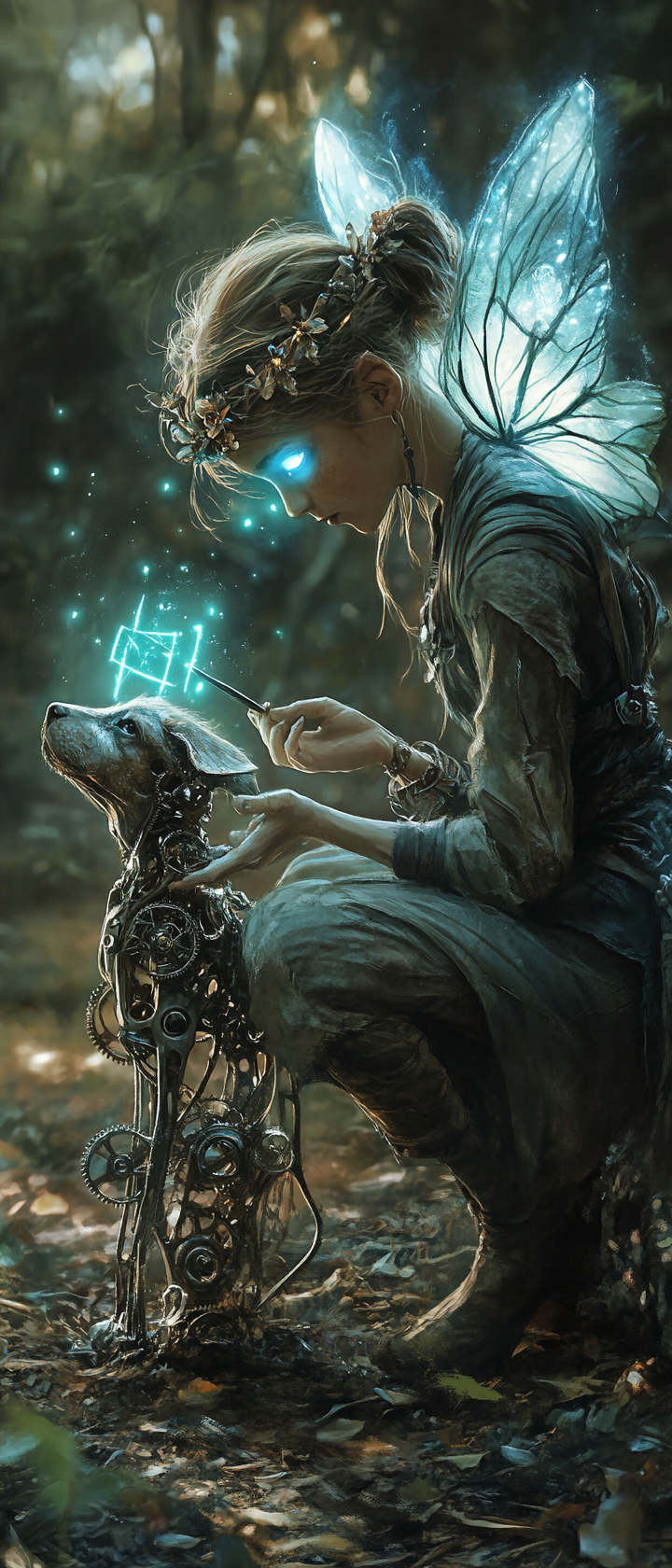 Fairy Runewright inscribing runes onto mechanical dog, eerie setting.