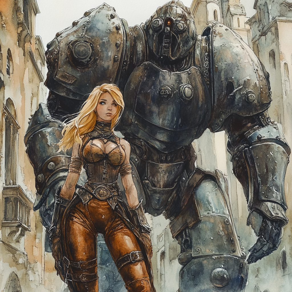 Fairy in armor with golem friend in medieval city.