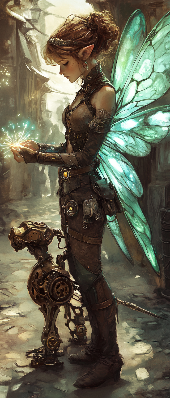 Fairy tinker with translucent wings inscribing runes on dog.