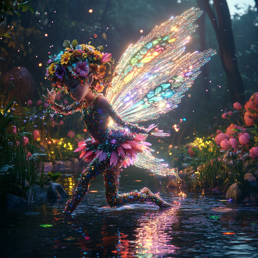 Fairy with glowing wings hovers over magical pond.