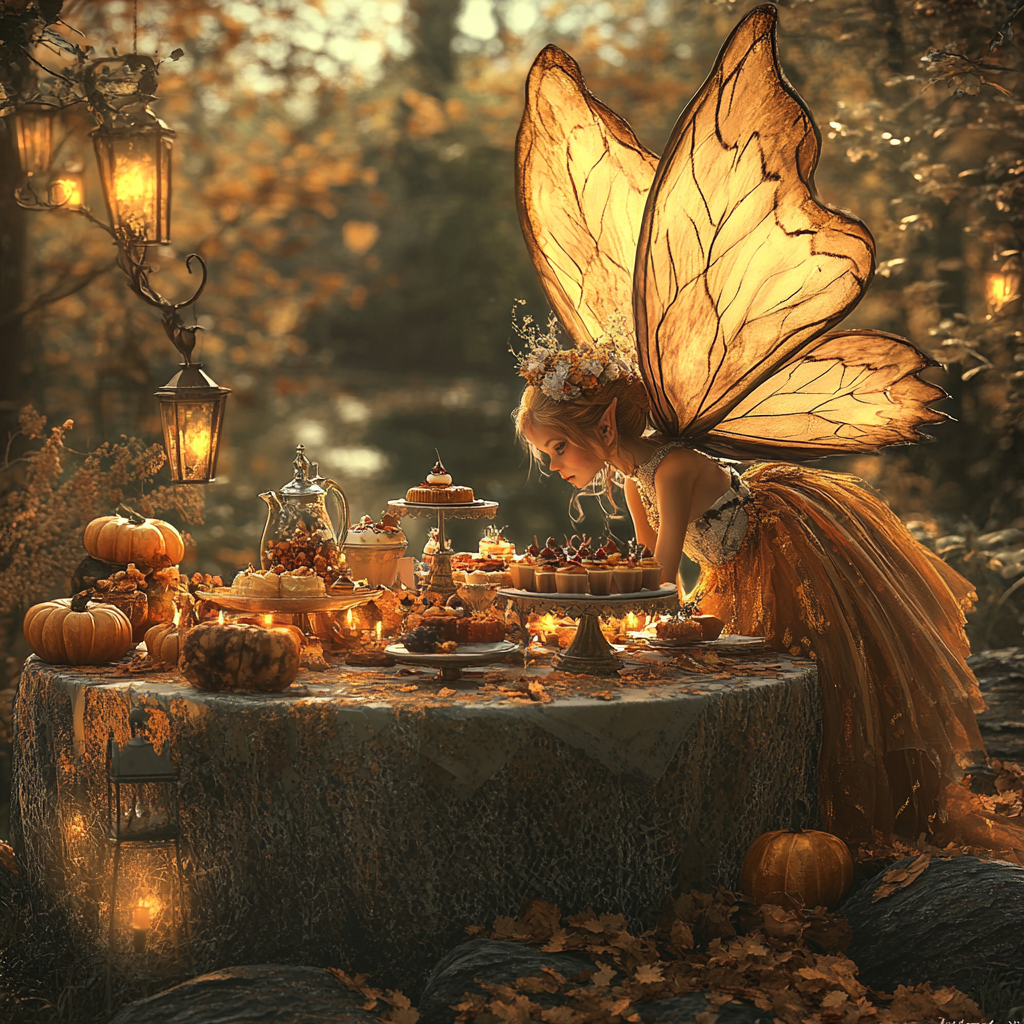 Fairy with large wings at spooky Fall tea party.