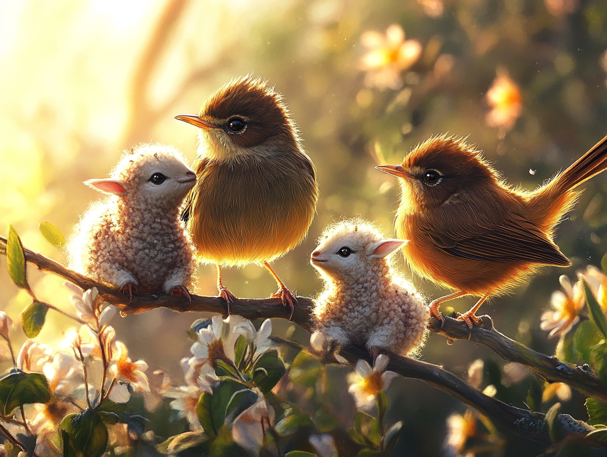 Fairy wrens and lambs in serene scene