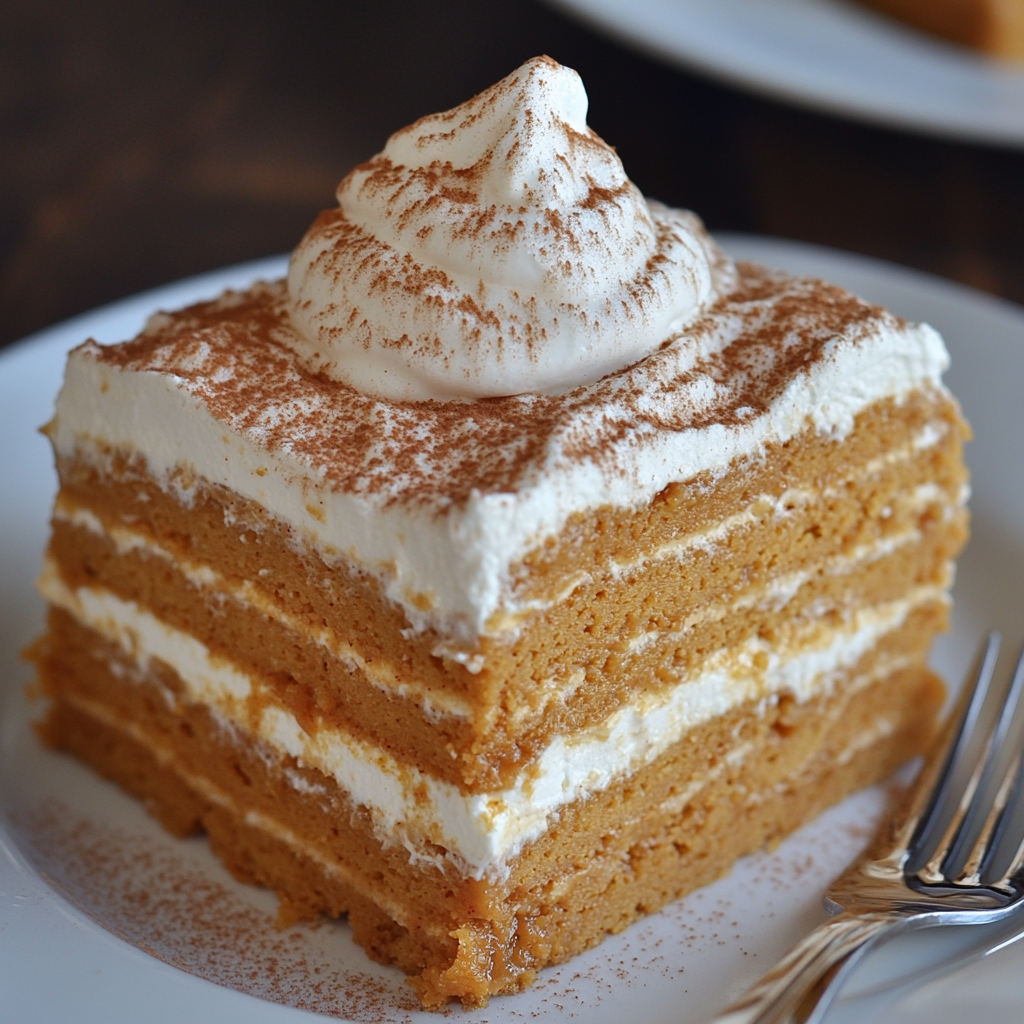 Fall-inspired pumpkin dessert with rich layers and creamy topping.