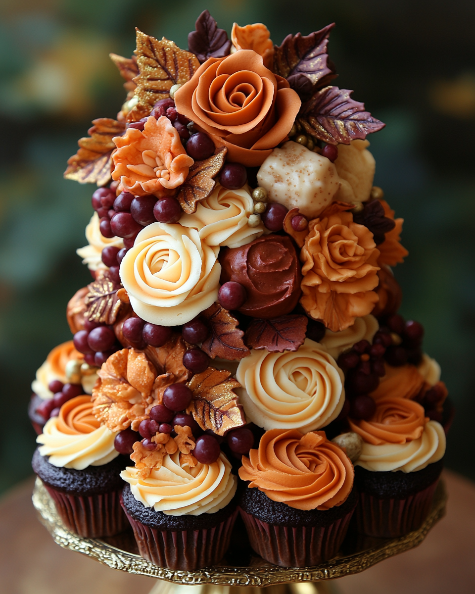 Fall-themed dessert table with fancy treats