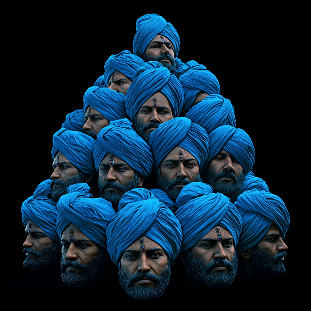 Fallen Sikh warriors' heads in blue turbans, Punjab 1762