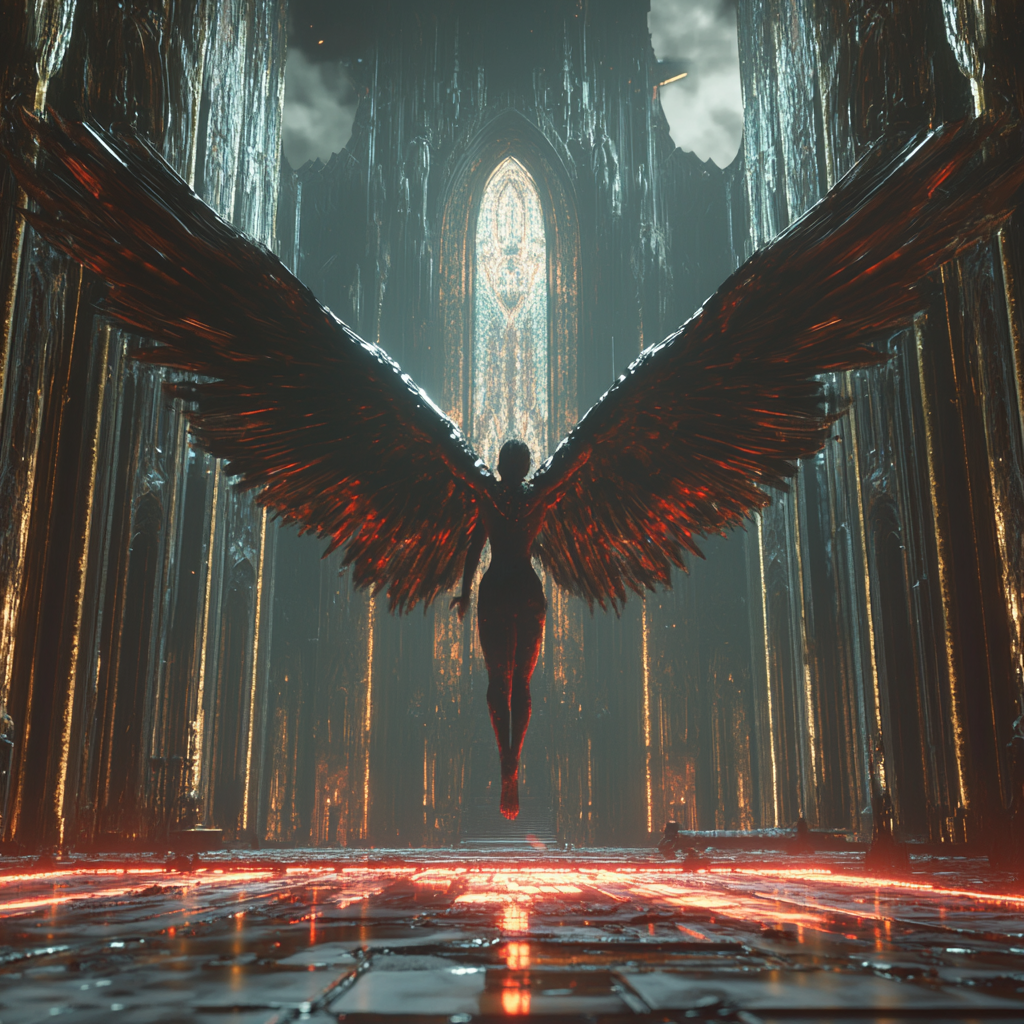 Fallen angel with wings hovering in futuristic cathedral setting.