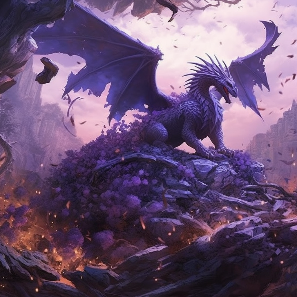 Fallen kingdom with dragon, bones, weapons, purple hues.