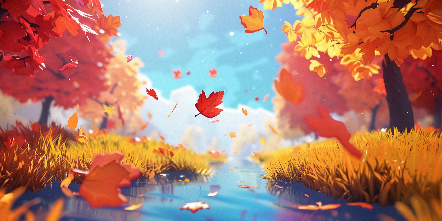 Falling leaves in cozy autumn meadow scene