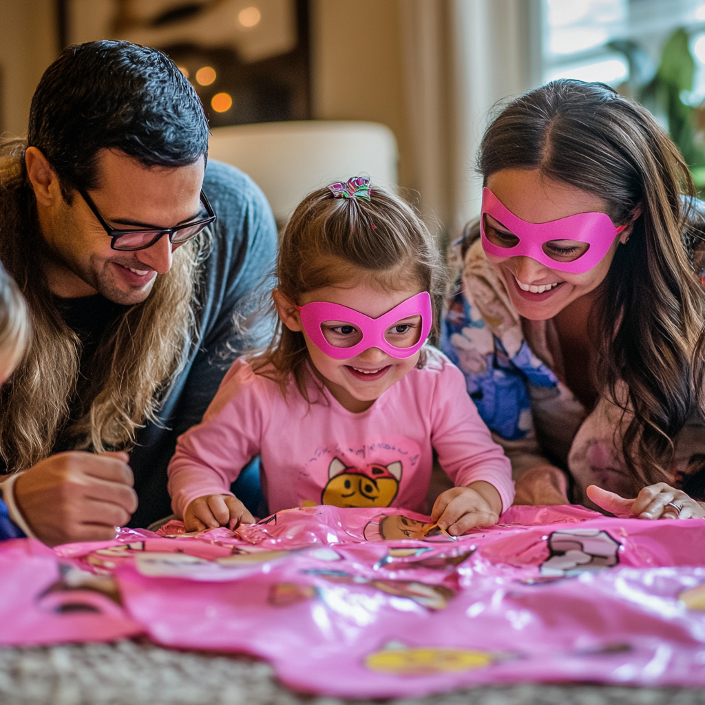 Families have fun playing superheroes with pink costumes.