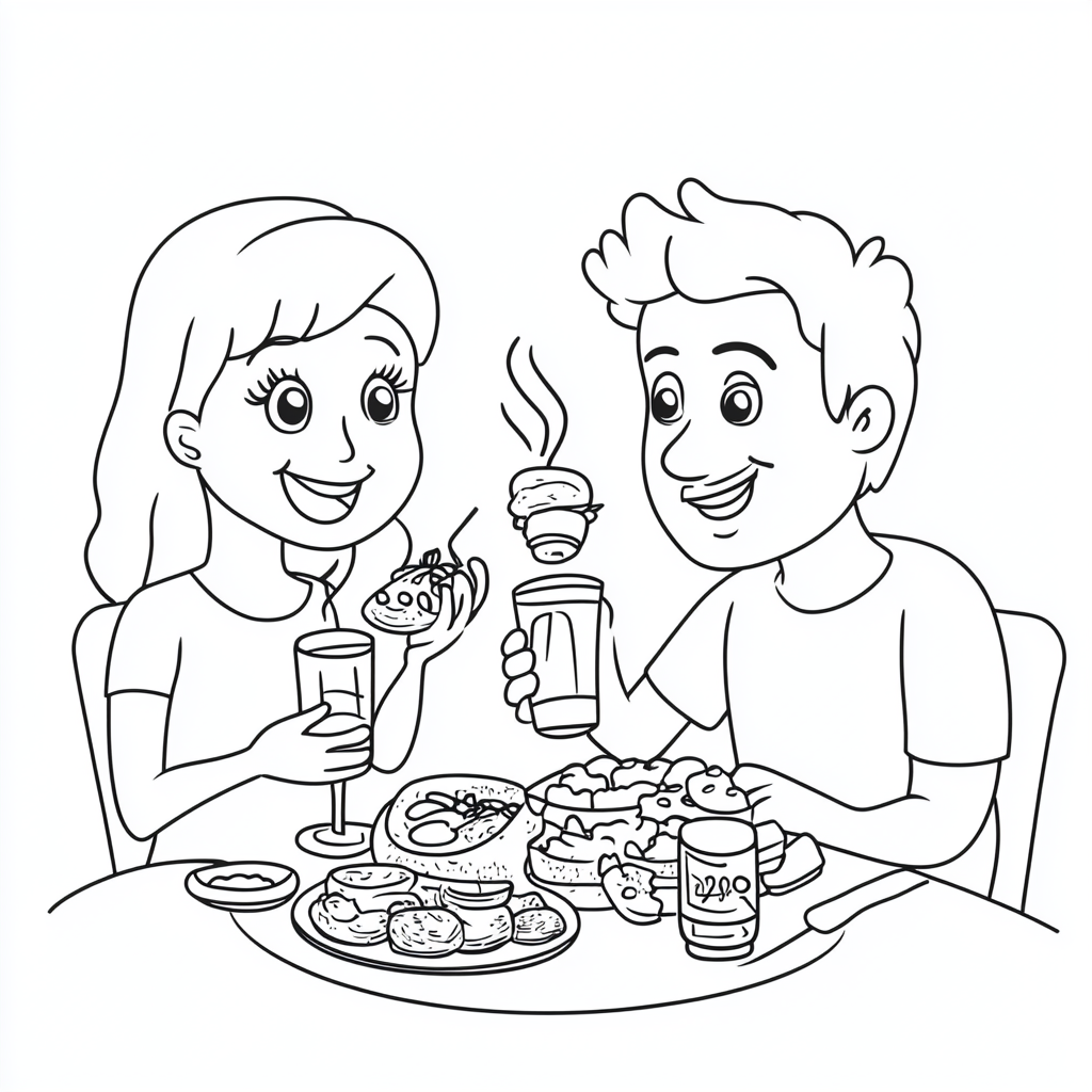 Family Enjoying Drinks and Food Coloring Page