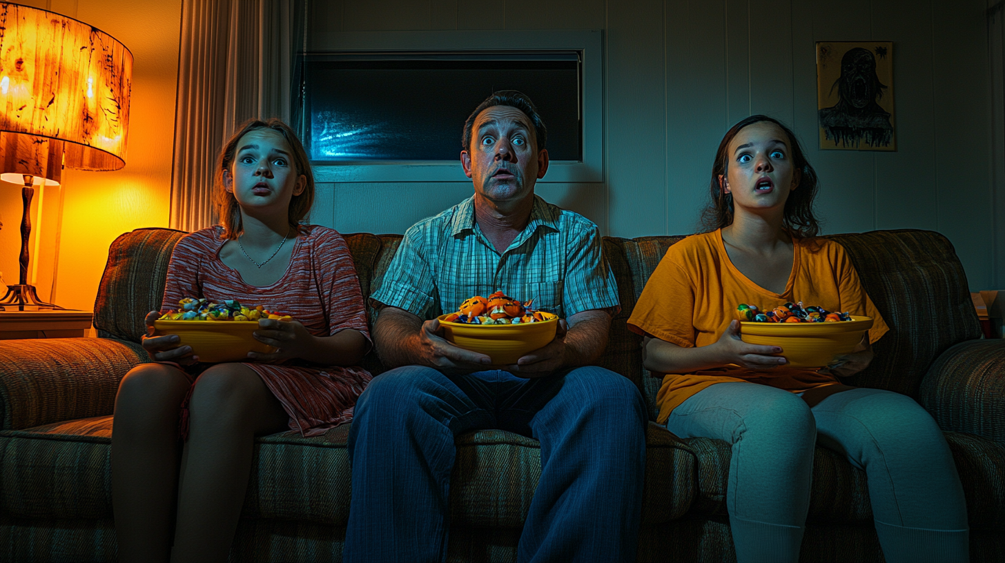 Family Enjoying Halloween Horror Movie Together