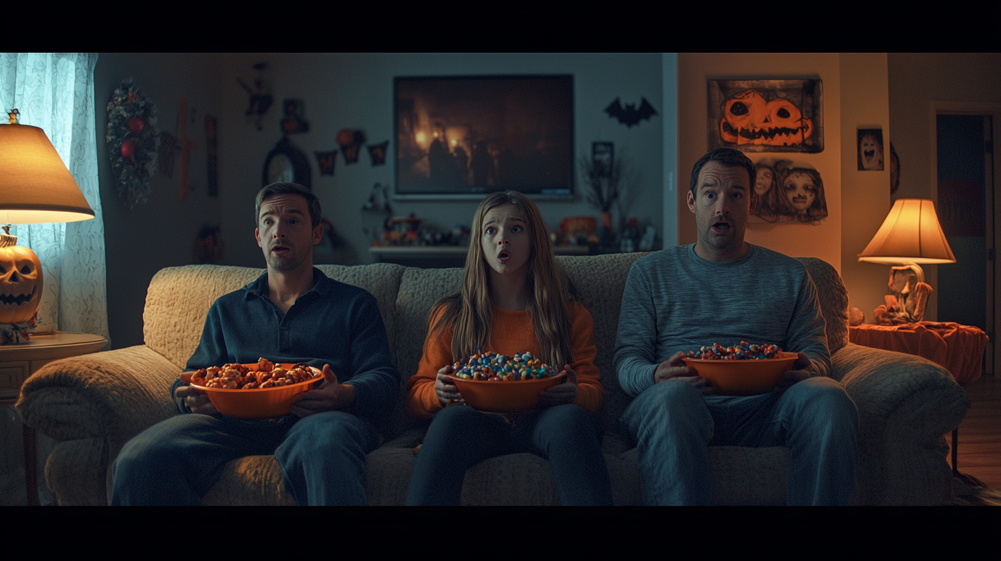 Family Watching Halloween Movie on Sofa