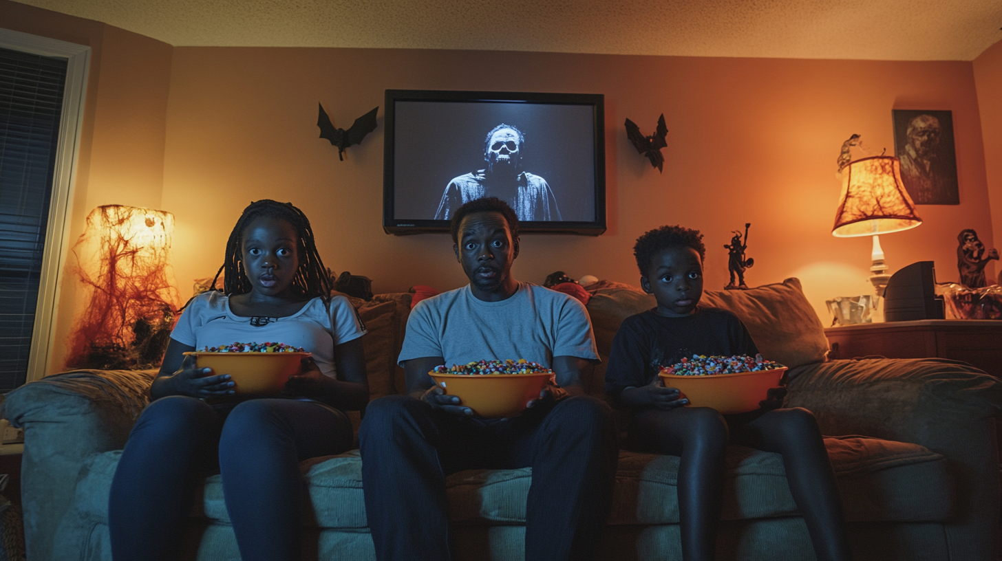 Family Watching Halloween Movie with Candy Bowls