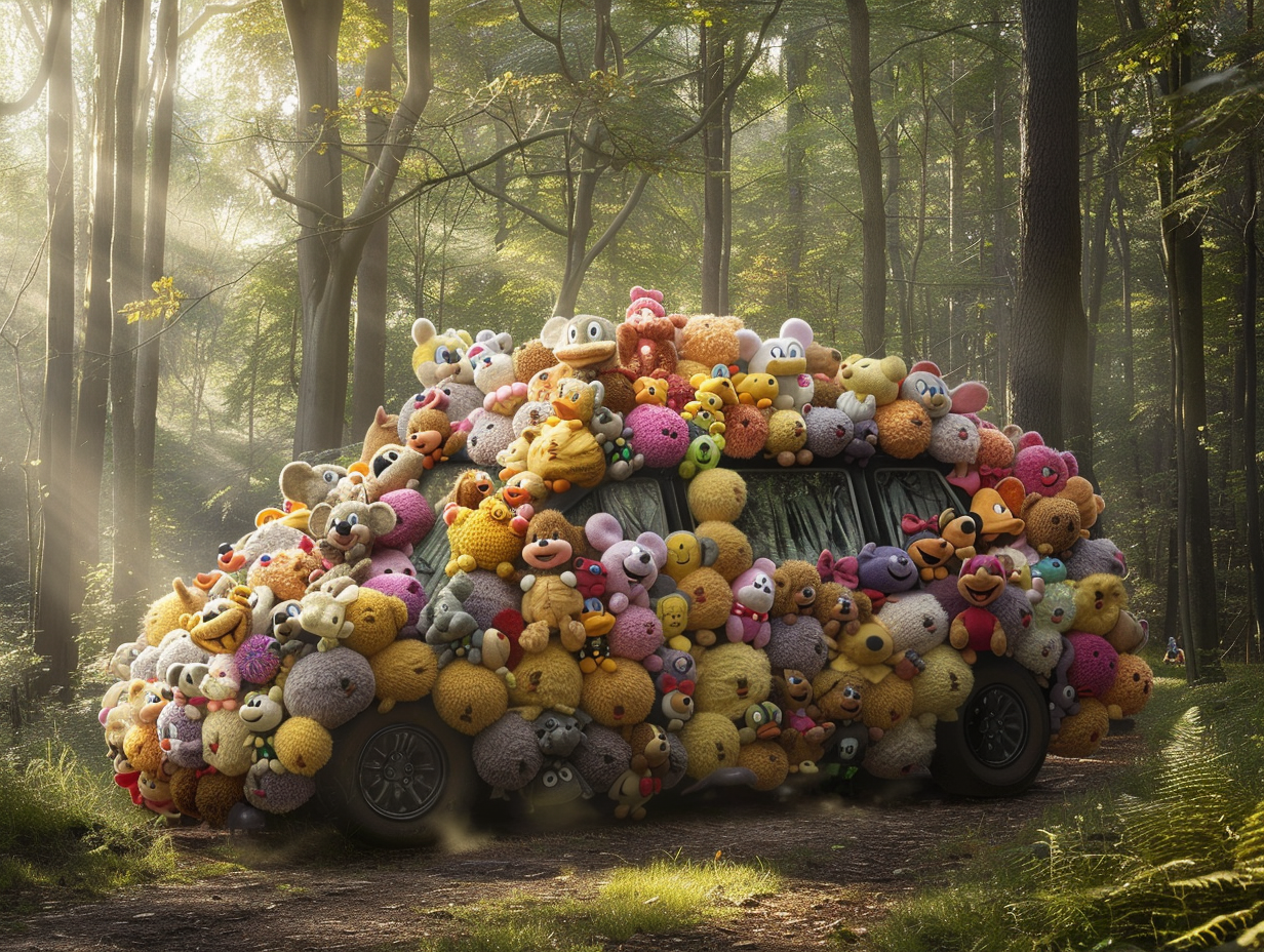 Family car made of Disney plush toys in forest.