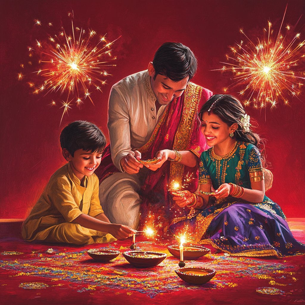 Family celebrates Diwali with fireworks, traditional attire.