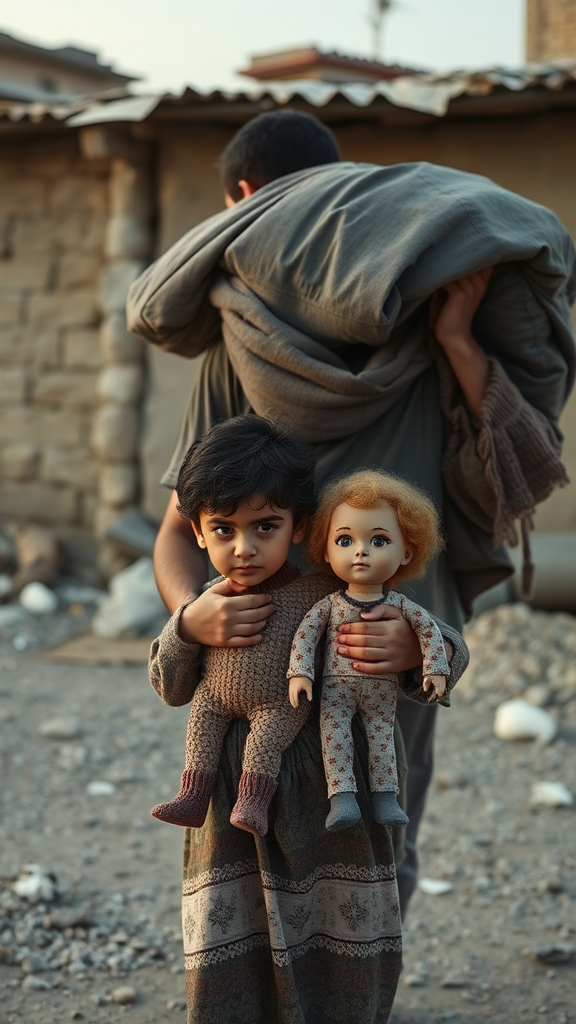 Family displaced by war, father with bag, child holds doll.