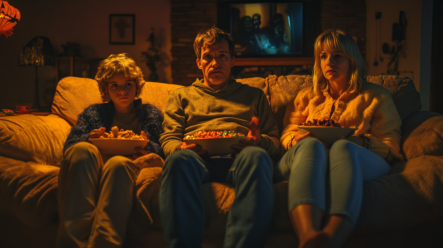 Family enjoying Halloween movie night on cozy sofa.