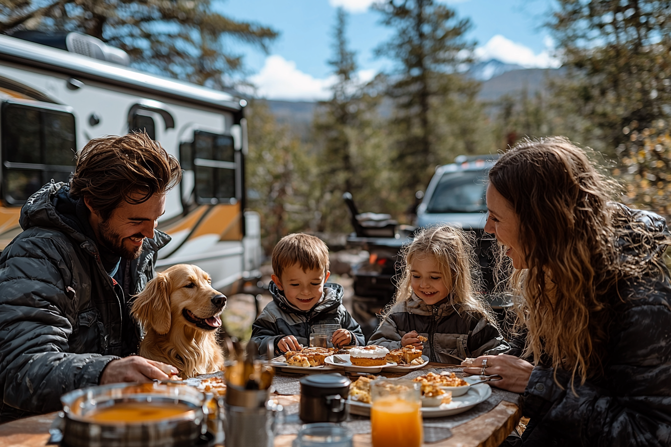 Family enjoying breakfast in front of RV at 10am.