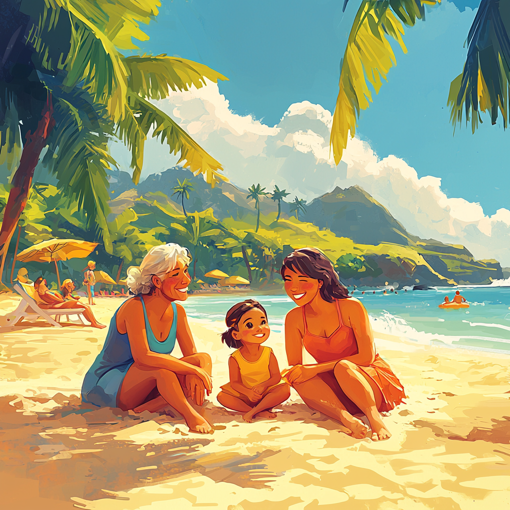 Family enjoying sunny Hawaii beach together