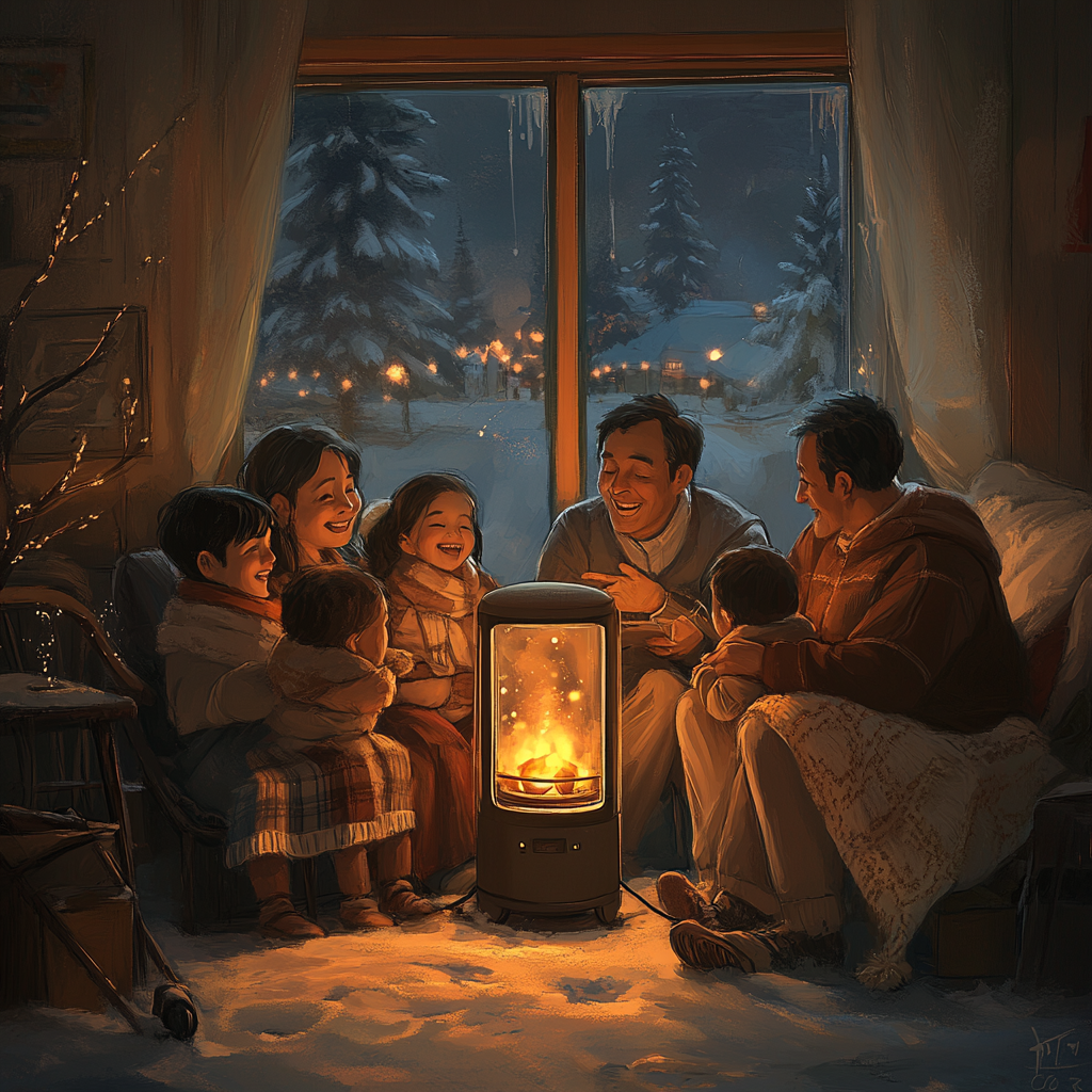 Family enjoys warmth and stories by heater