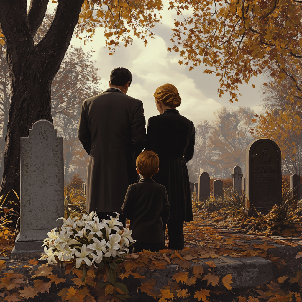 Family grieving at cemetery, realistic detail, somber atmosphere.