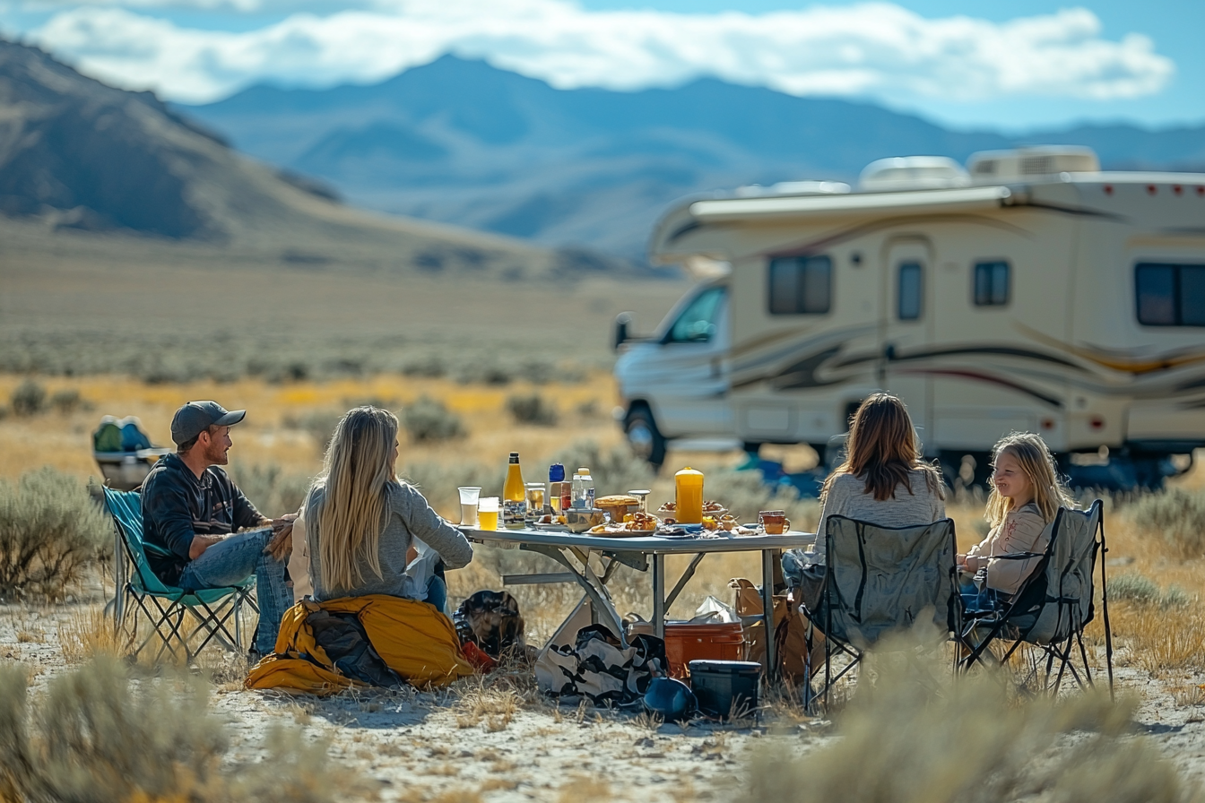 Family having breakfast in front of RV at 10am.