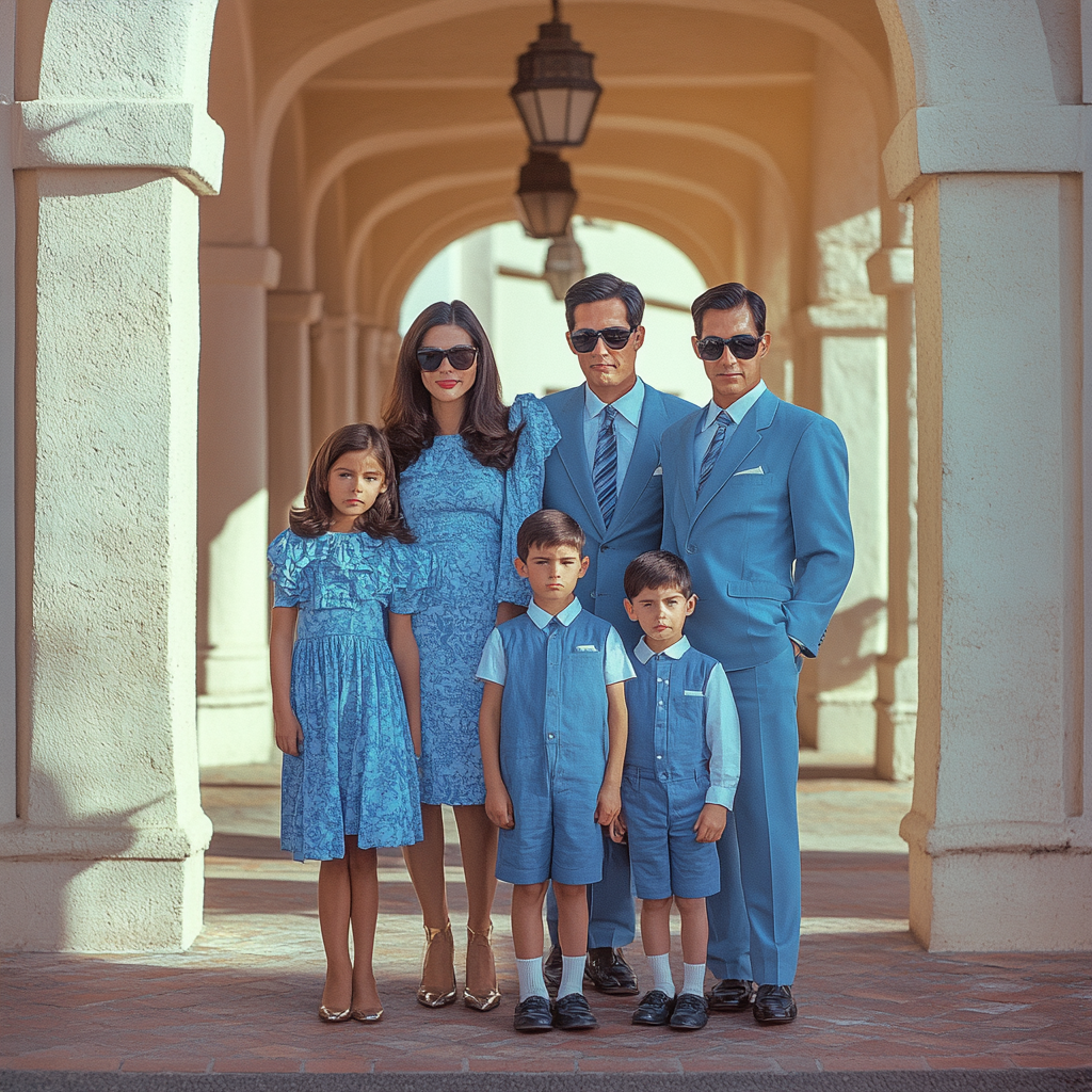 Family in blue outfits pose for fashion magazine photo.