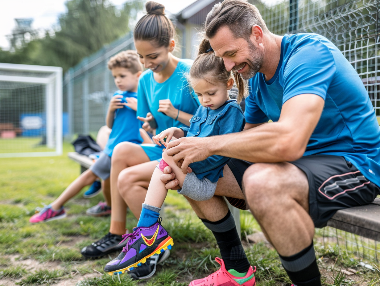 Family moments: Parents helping child wear football boots