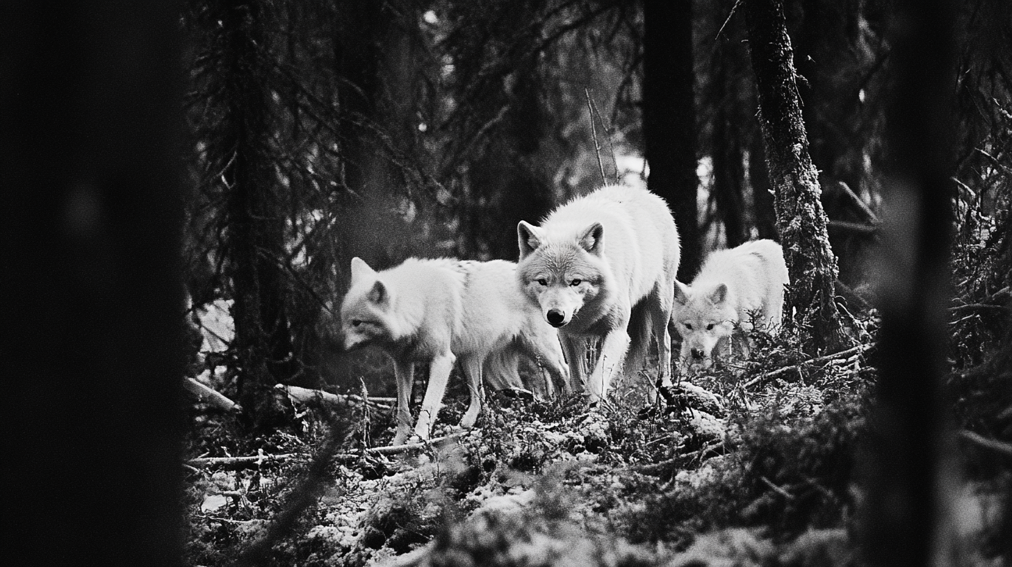 Family of Arctic wolves exploring Alaskan forest, black & white.