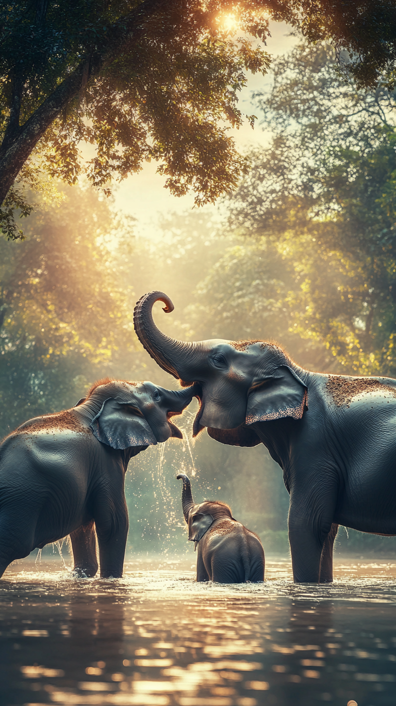 Family of Elephants Playing in African Lake