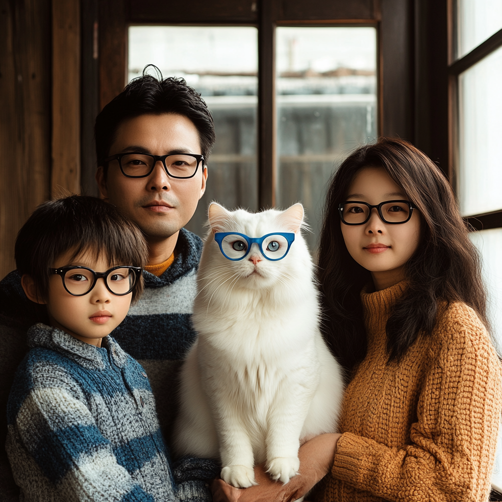 Family of four in China with white cat in photo.