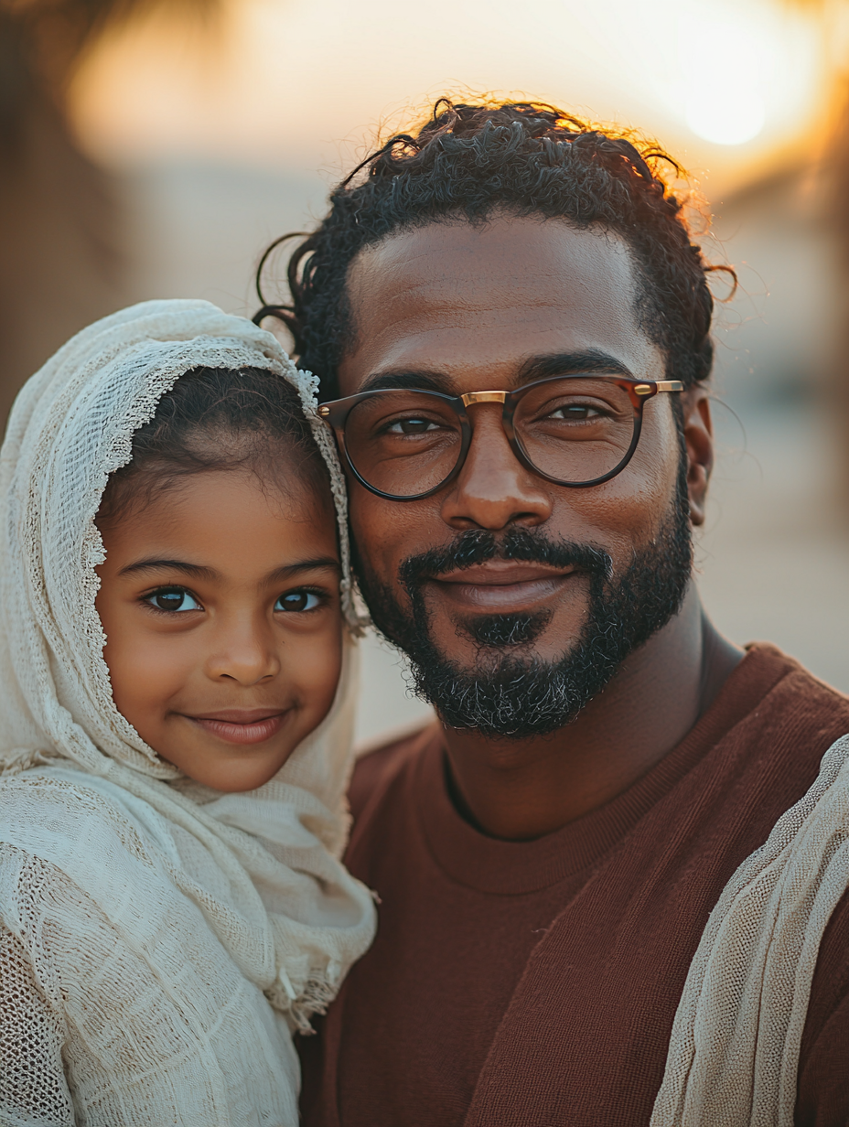 Family of three in Dubai desert at sunset.