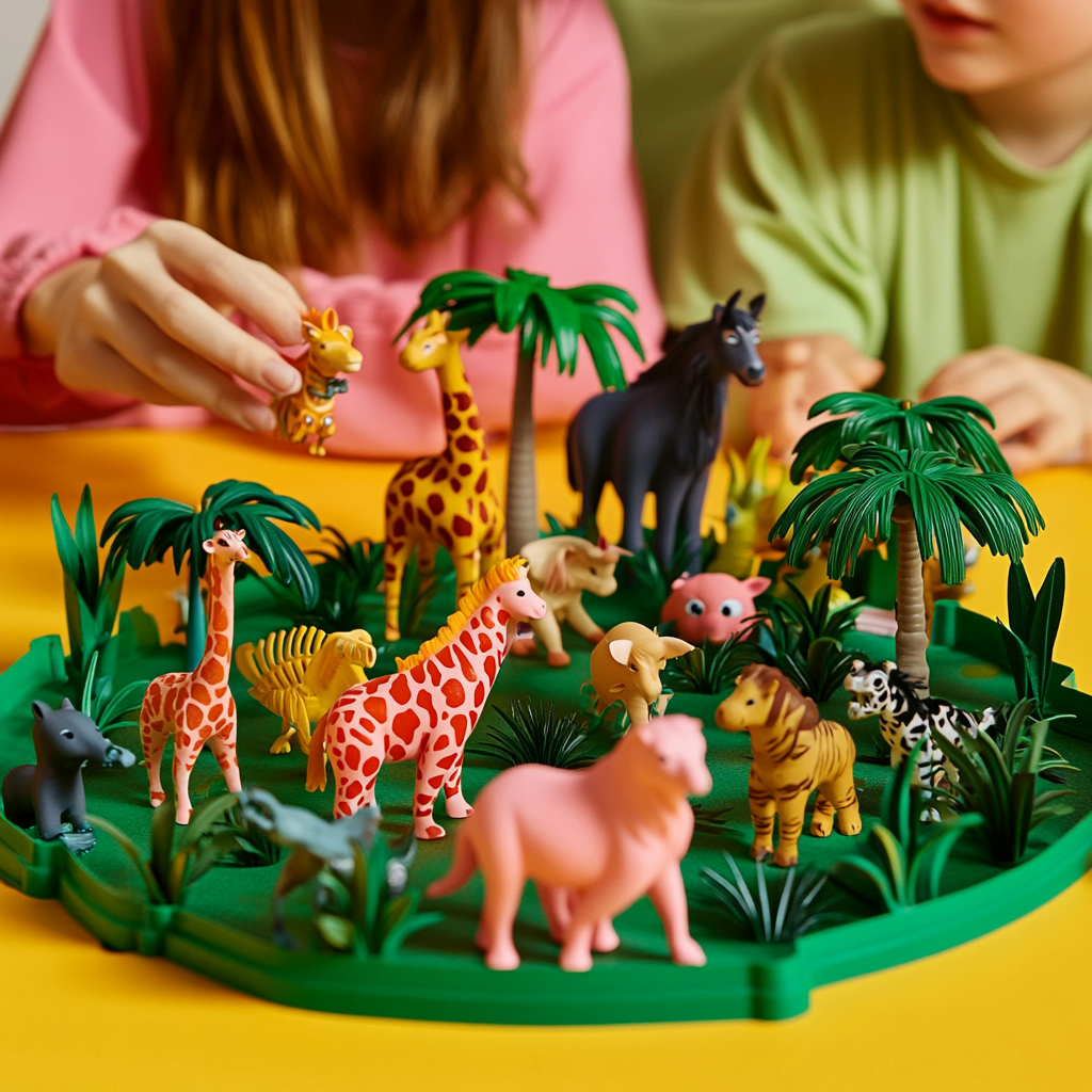 Family playing with pink toy animals in jungle scene.