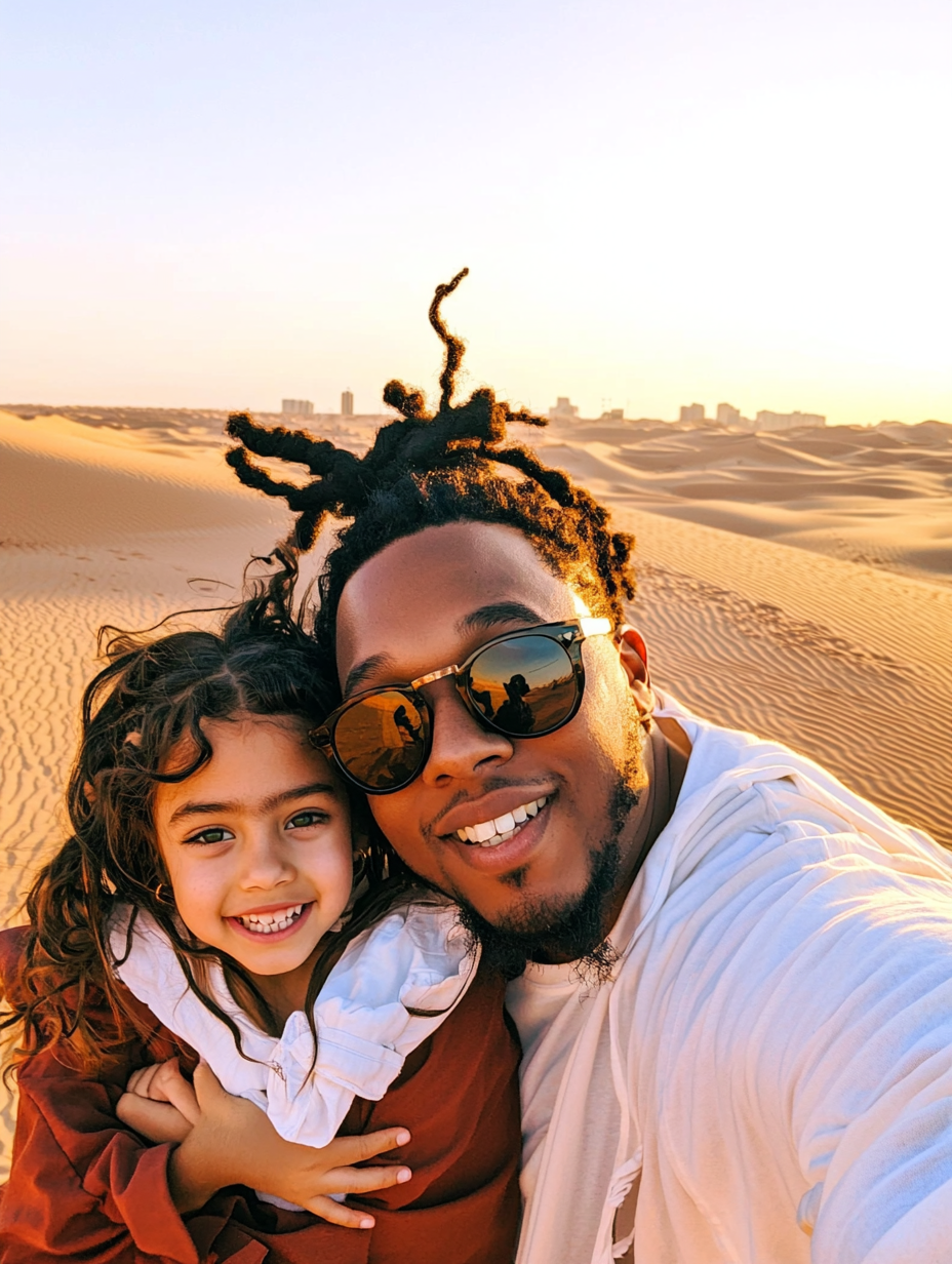 Family portrait in Dubai desert at sunset