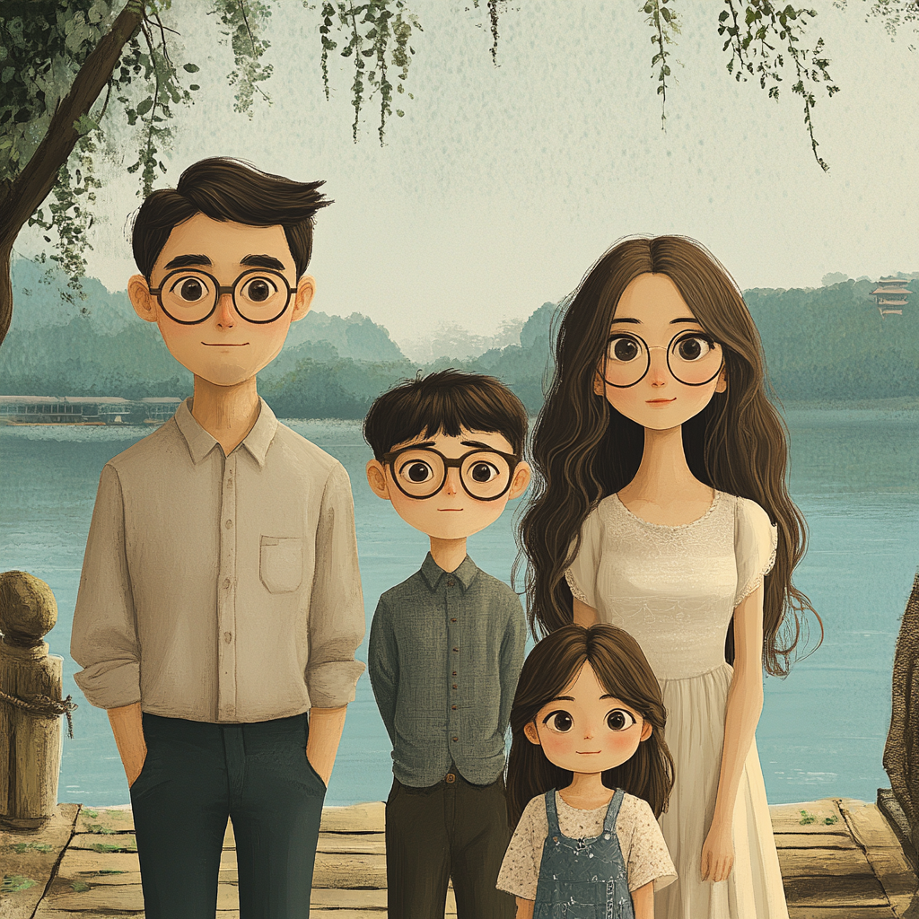 Family portrait with West Lake backdrop. Glasses-wearing parents, two kids.