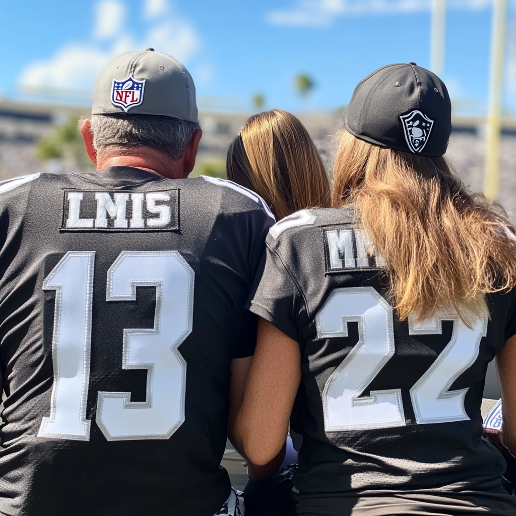 Family sitting together wearing Raiders jerseys with numbers.