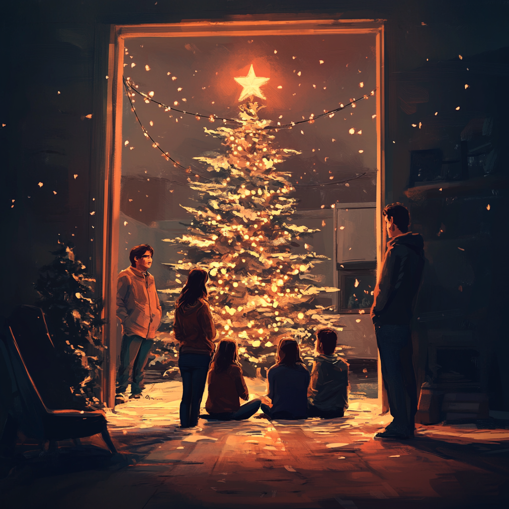 Family sitting under Christmas tree with parents watching