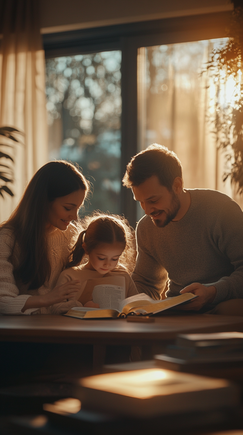 Family studies Bible in 2024 living room - golden-hour glow.