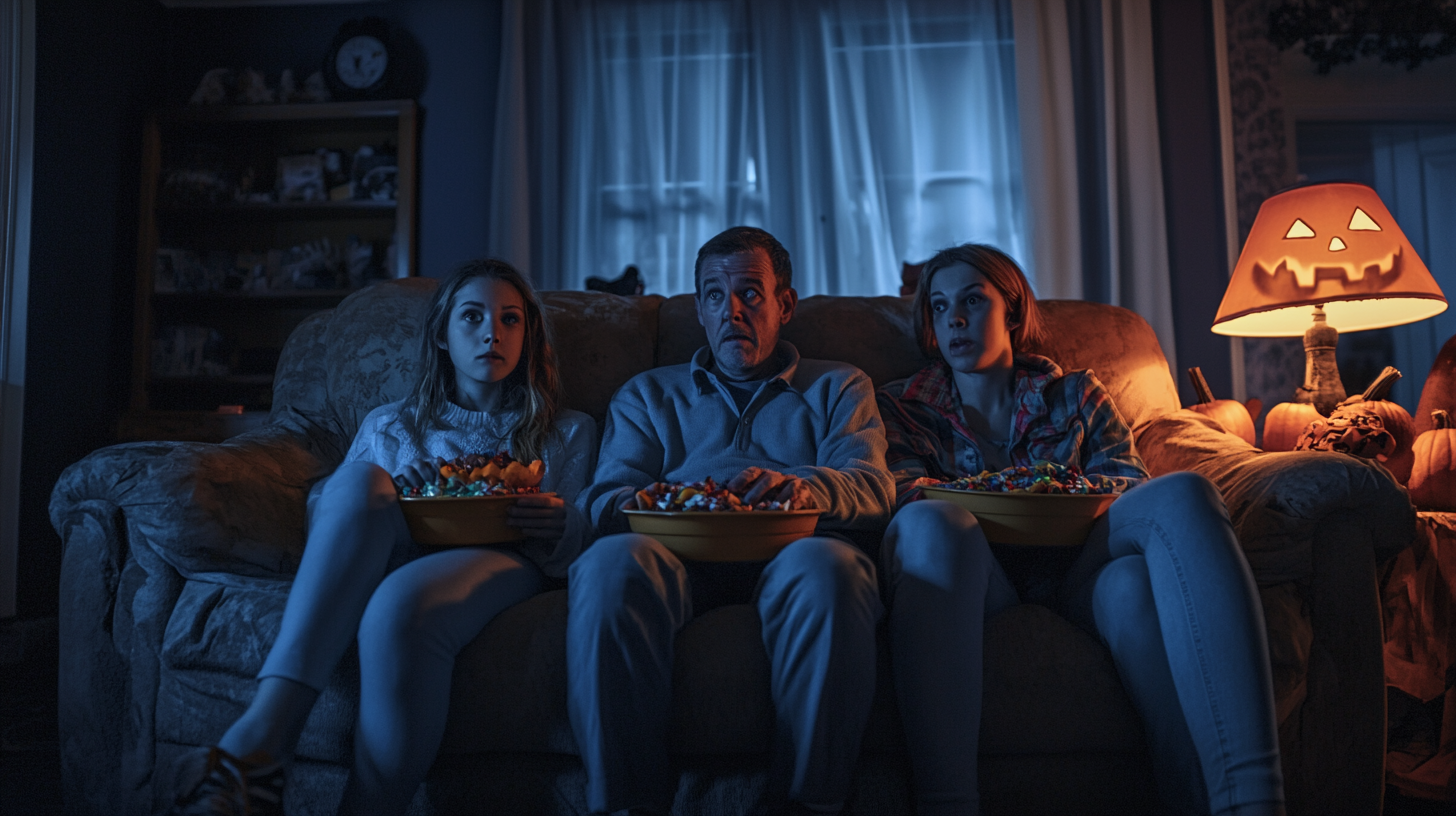 Family watching scary movie with Halloween decorations.