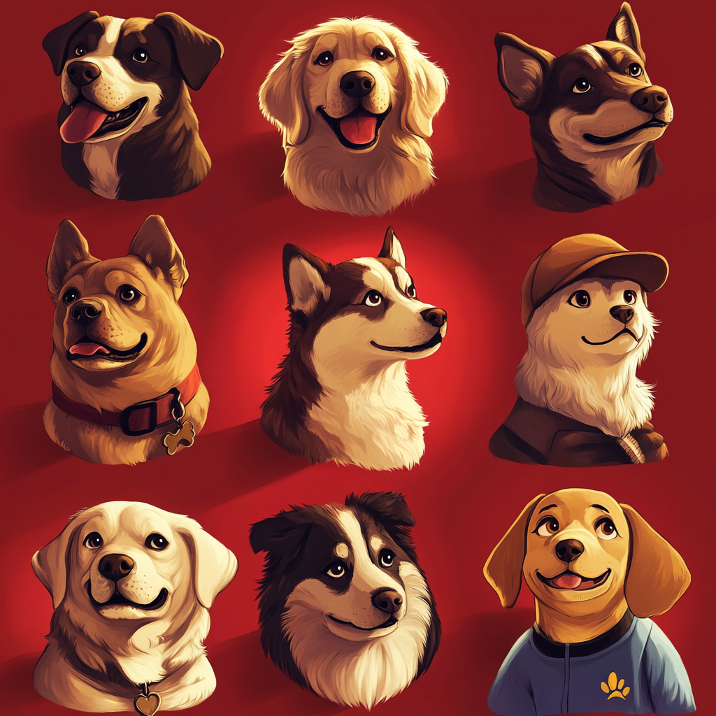 Famous meme dogs in cozy, vibrant collage reunion.