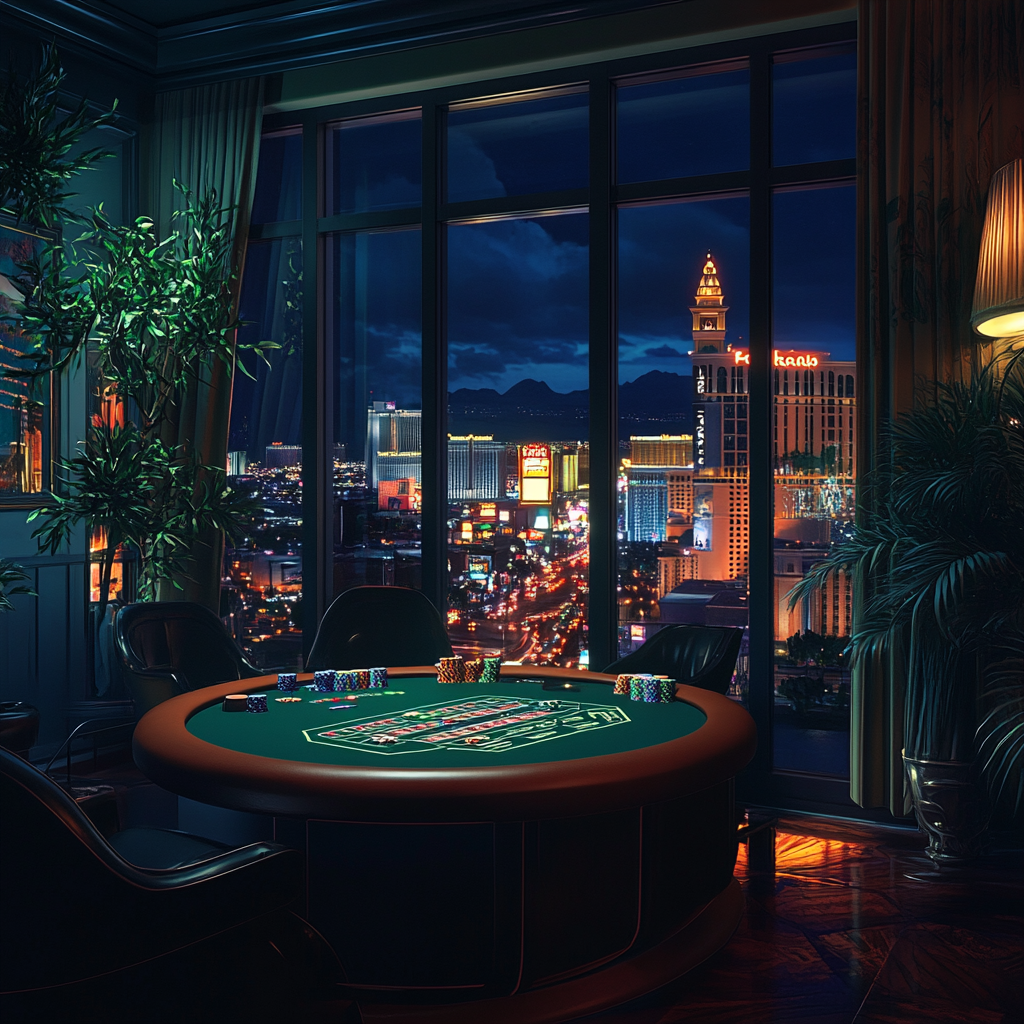 Fancy hotel room in Las Vegas at night.