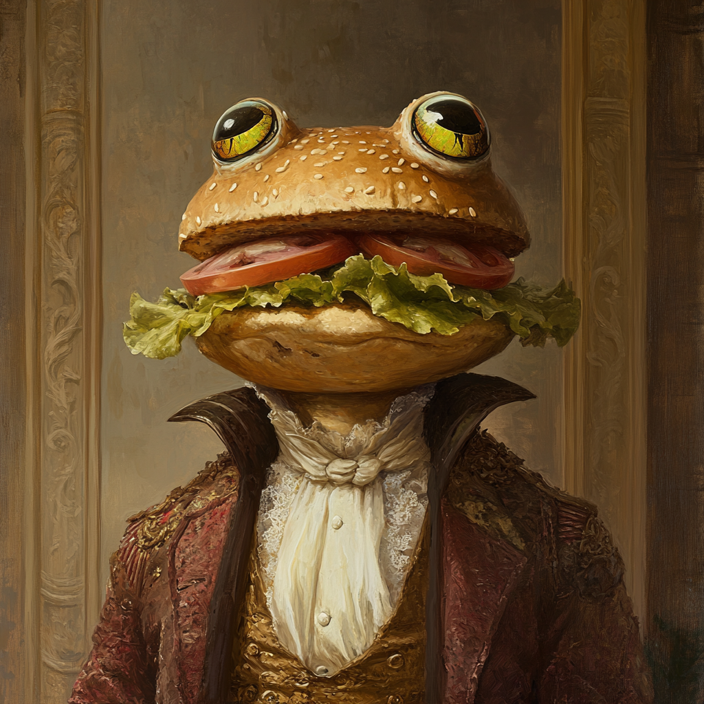 Fancy mayor with hamburger head and frog eyes.