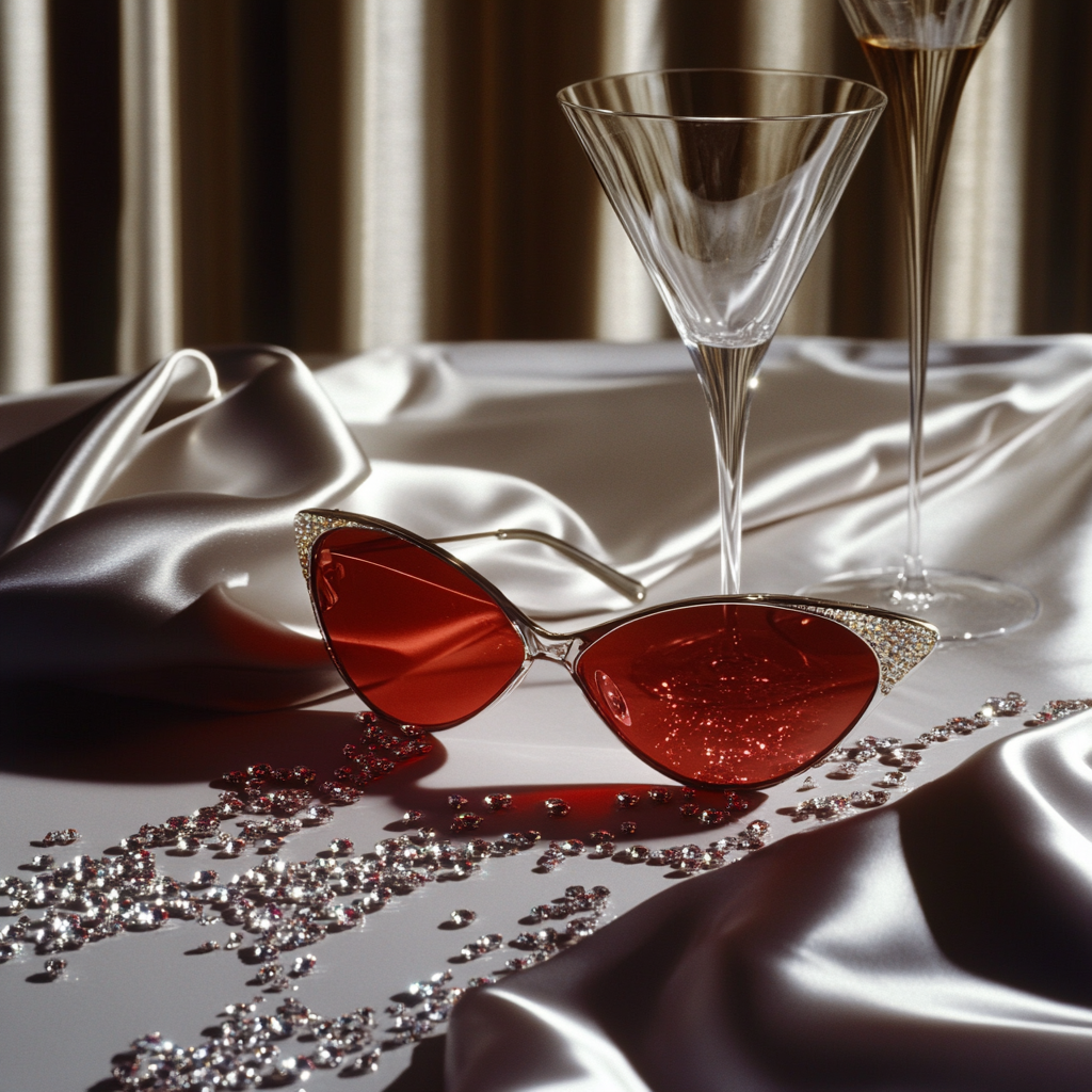 Fancy red eye glasses on shiny table with rhinestones