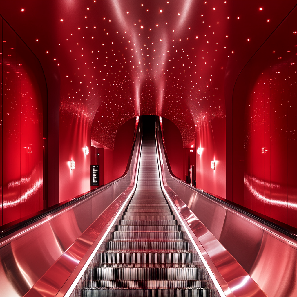 Fancy silver escalator in red room with spotlights