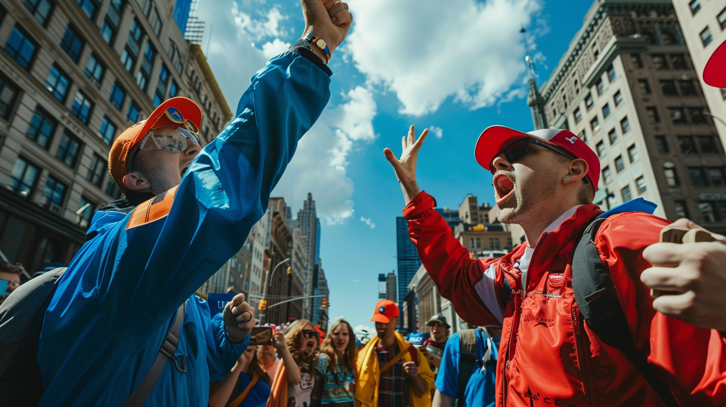 Fans In Blue And Red Uniforms Argue